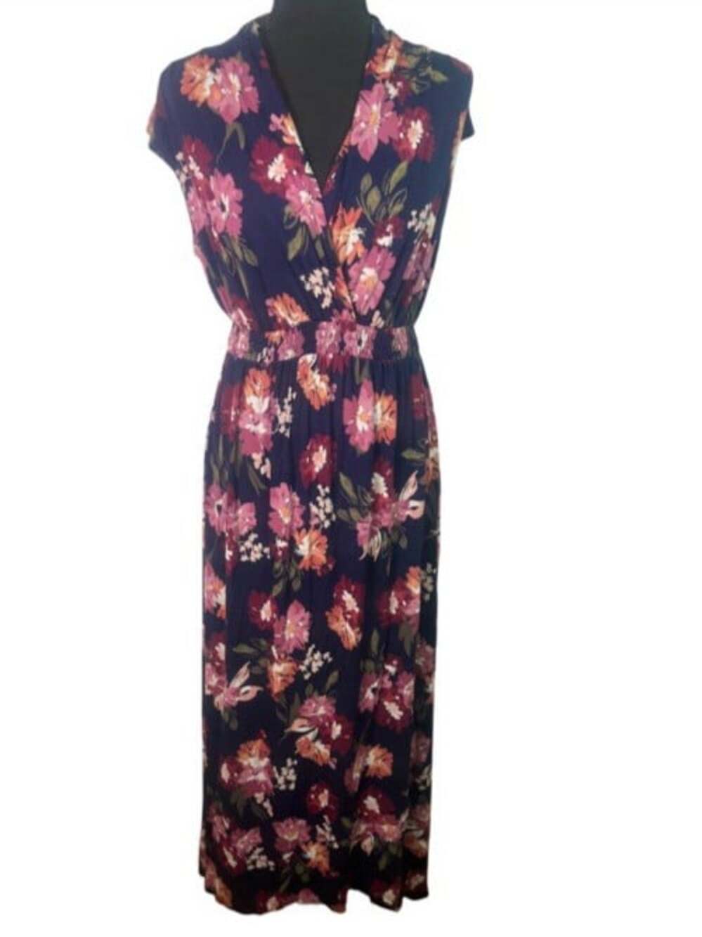 Isabel Maternity Nursing Navy Floral Faux Wrap Maxi Dress Sz M Smocked Cap Sleev